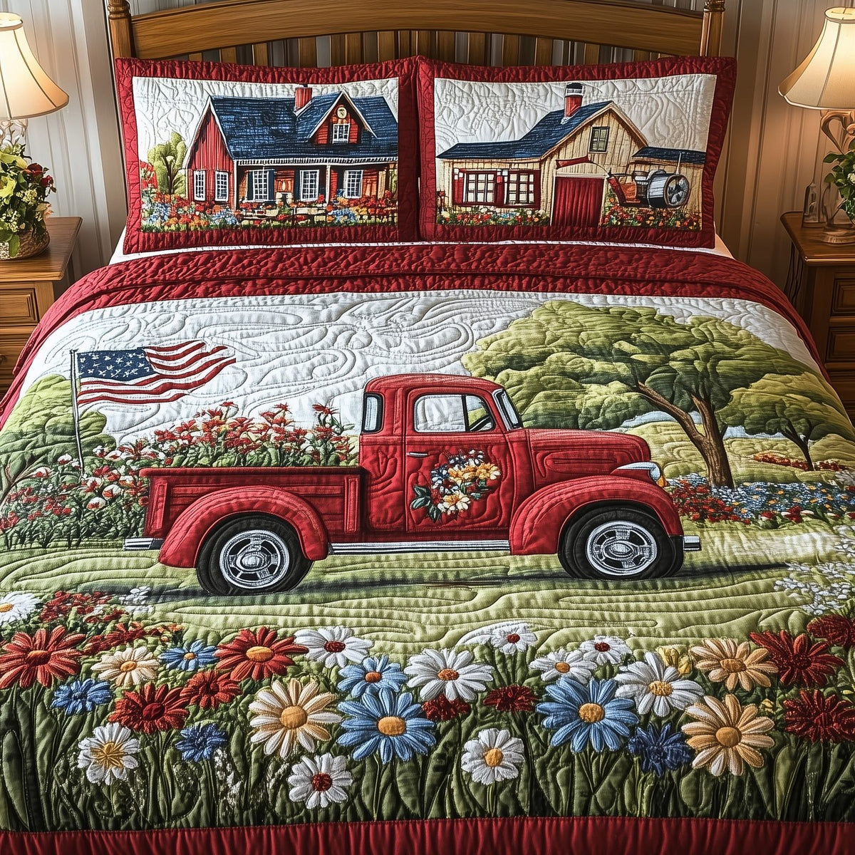 American Joyride quilted 3-piece bedding set on a made bed in a warmly lit bedroom