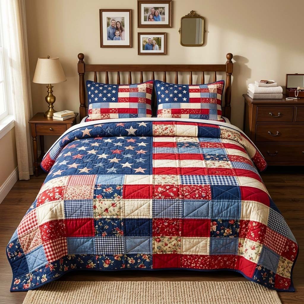 American Patchwork quilted 3-piece bedding set on a made bed in a warmly lit bedroom