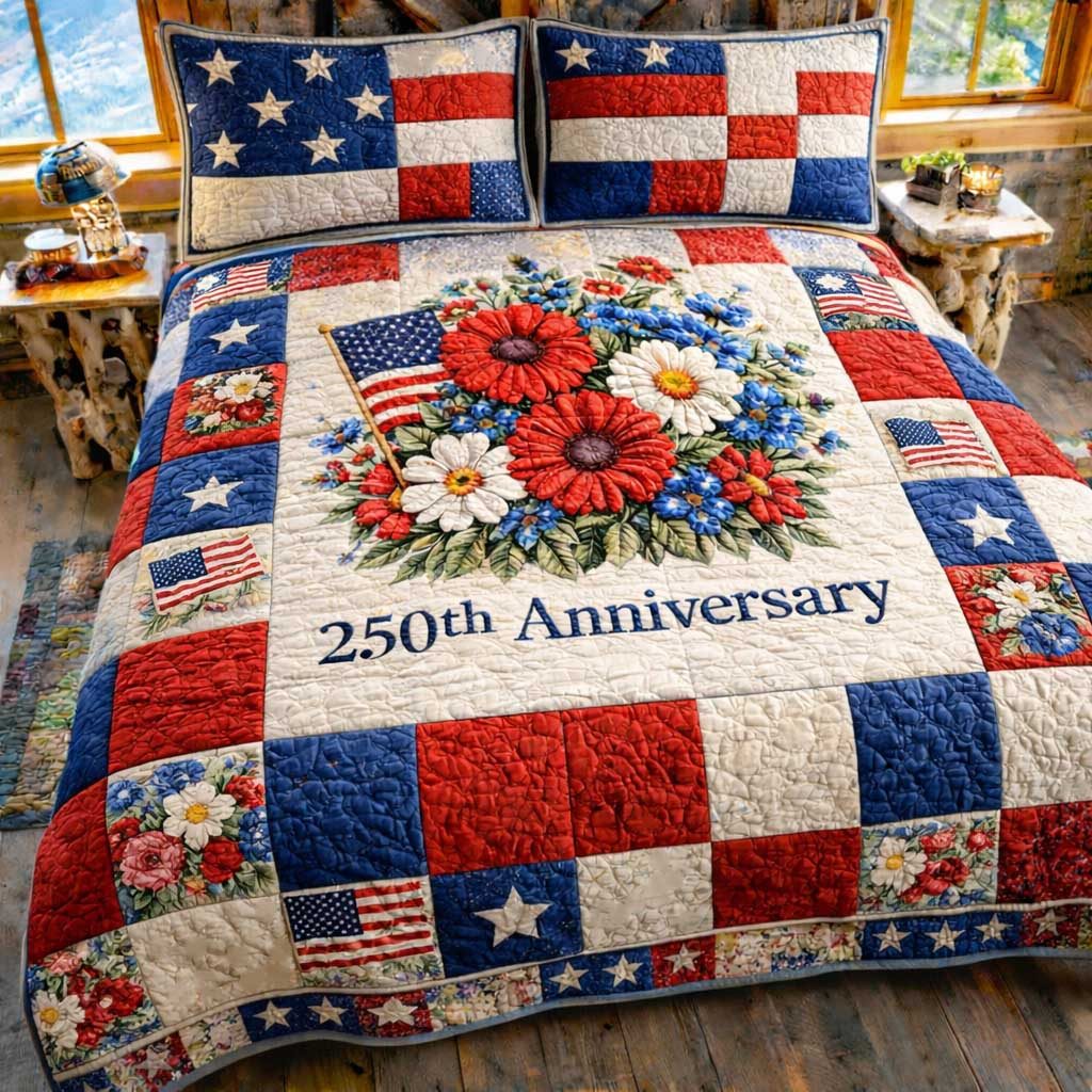 American Pride quilted 3-piece bedding set on a made bed in a warmly lit bedroom