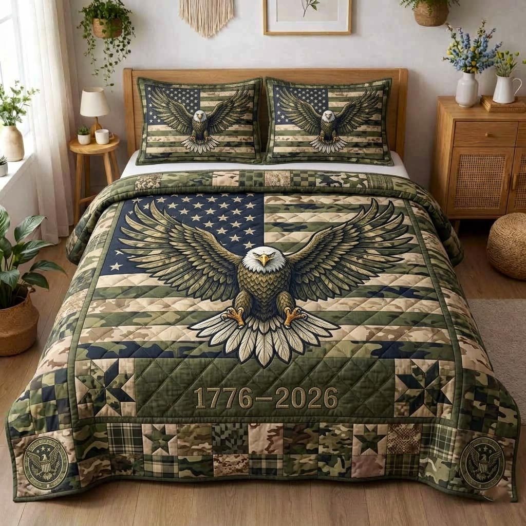 American Pride quilted 3-piece bedding set on a made bed in a warmly lit bedroom
