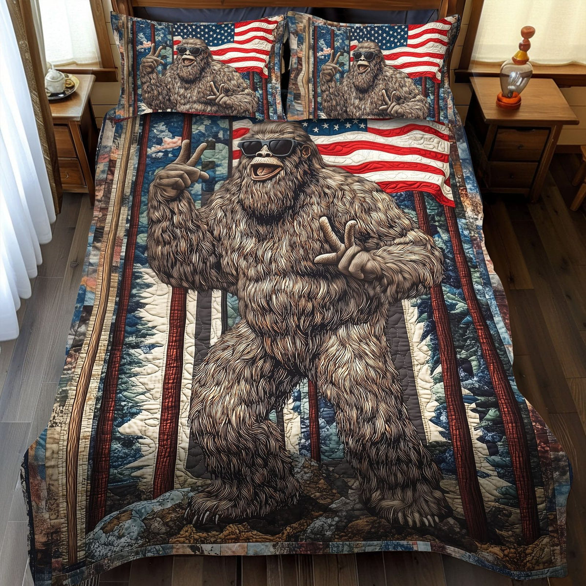 American Wildman quilted 3-piece bedding set on a made bed in a warmly lit bedroom