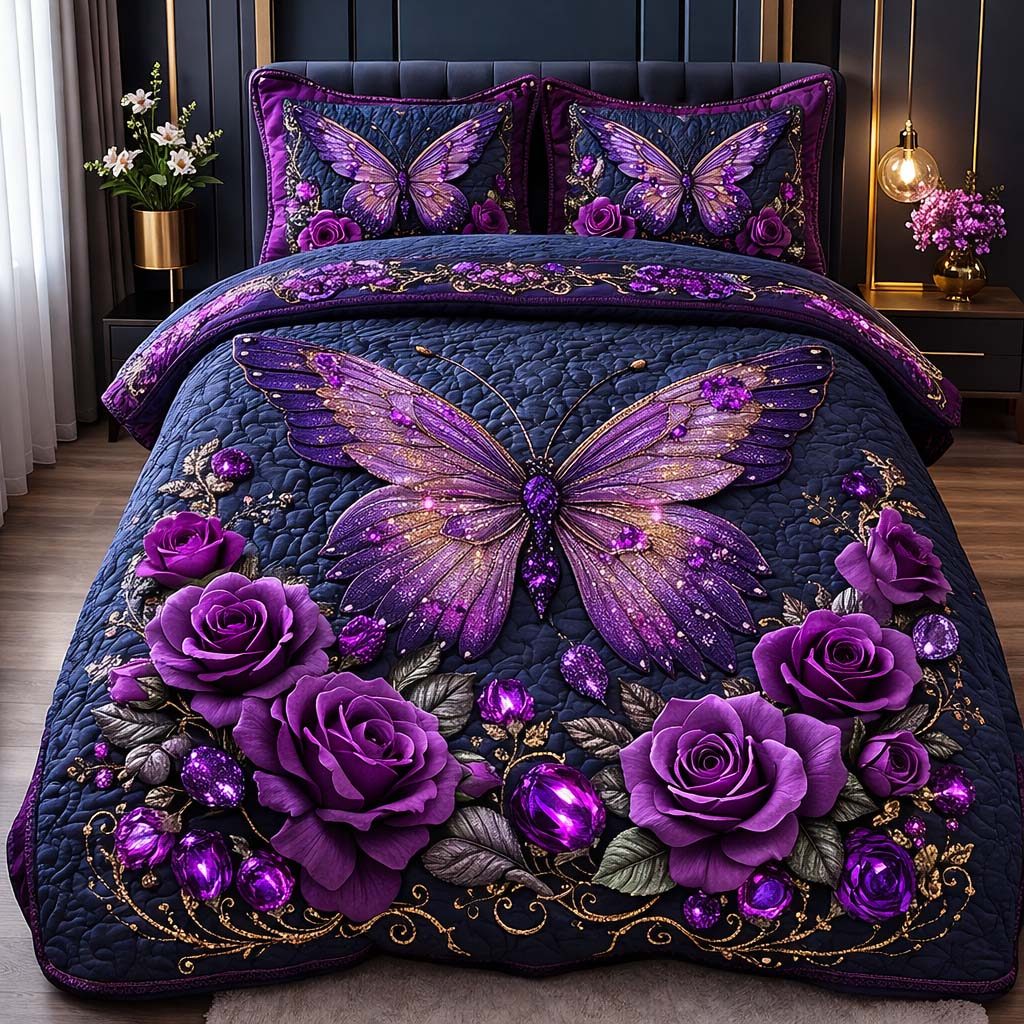 Amethyst Butterfly quilted 3-piece bedding set on a made bed with two matching pillow shams