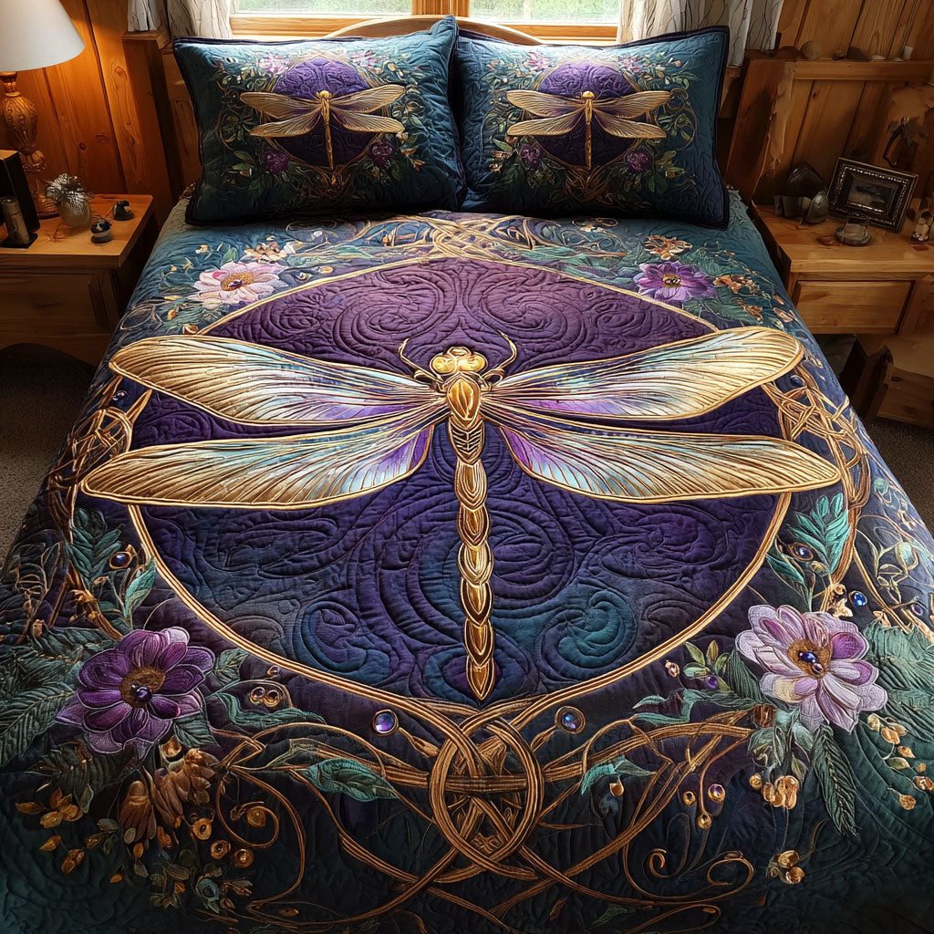 Amethyst Dawn quilted 3-piece bedding set on a made bed with two matching pillow shams