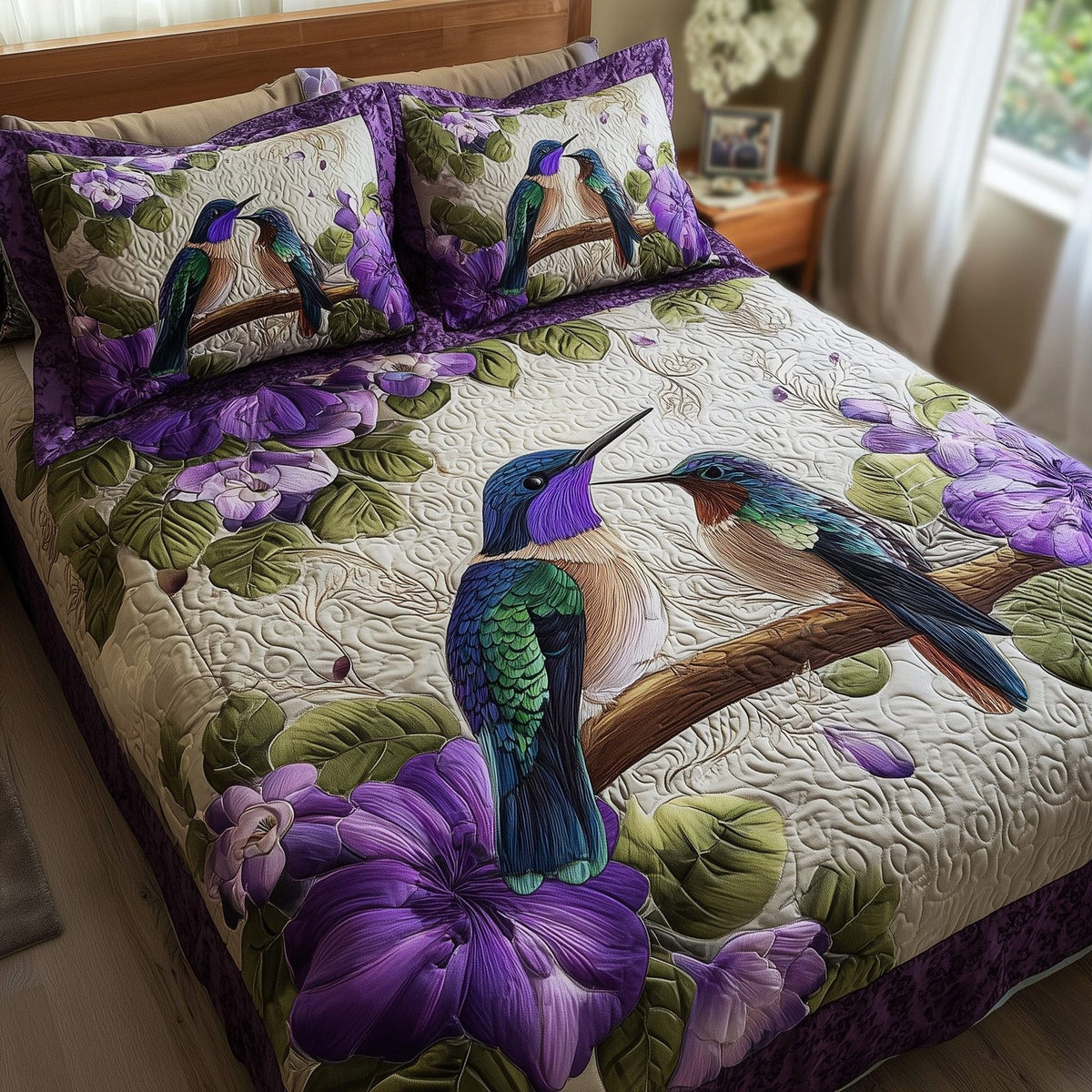 Amethyst Love quilted 3-piece bedding set on a made bed with two matching pillow shams