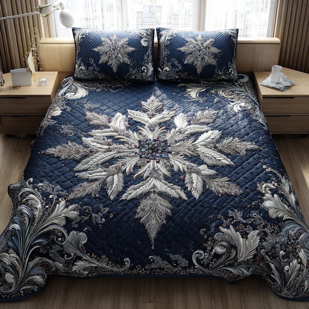 Amethyst Snowflake Vine quilted 3-piece bedding set on a made bed in a winter-styled bedroom