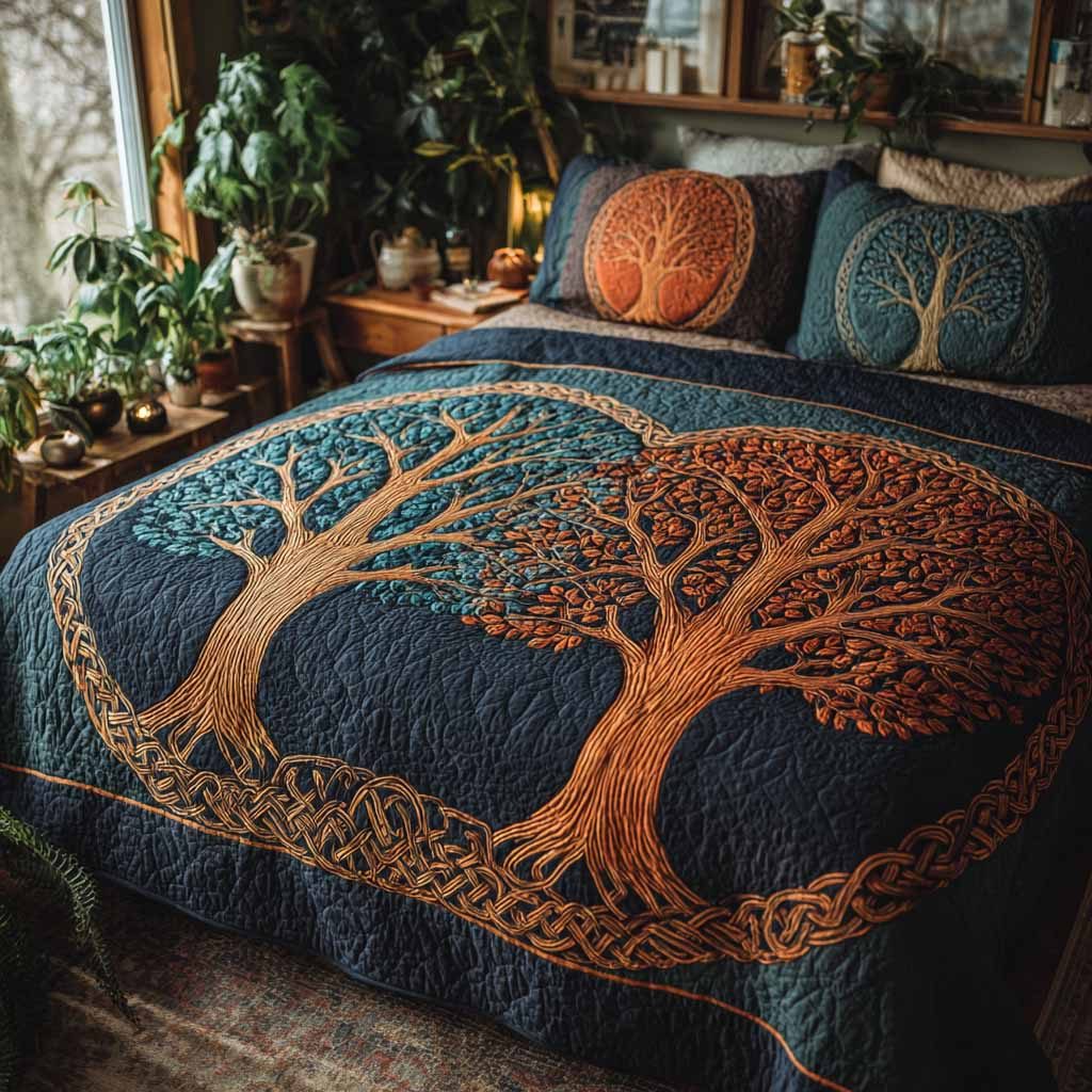Ancestral Crown quilted 3-piece bedding set on a made bed with two matching pillow shams