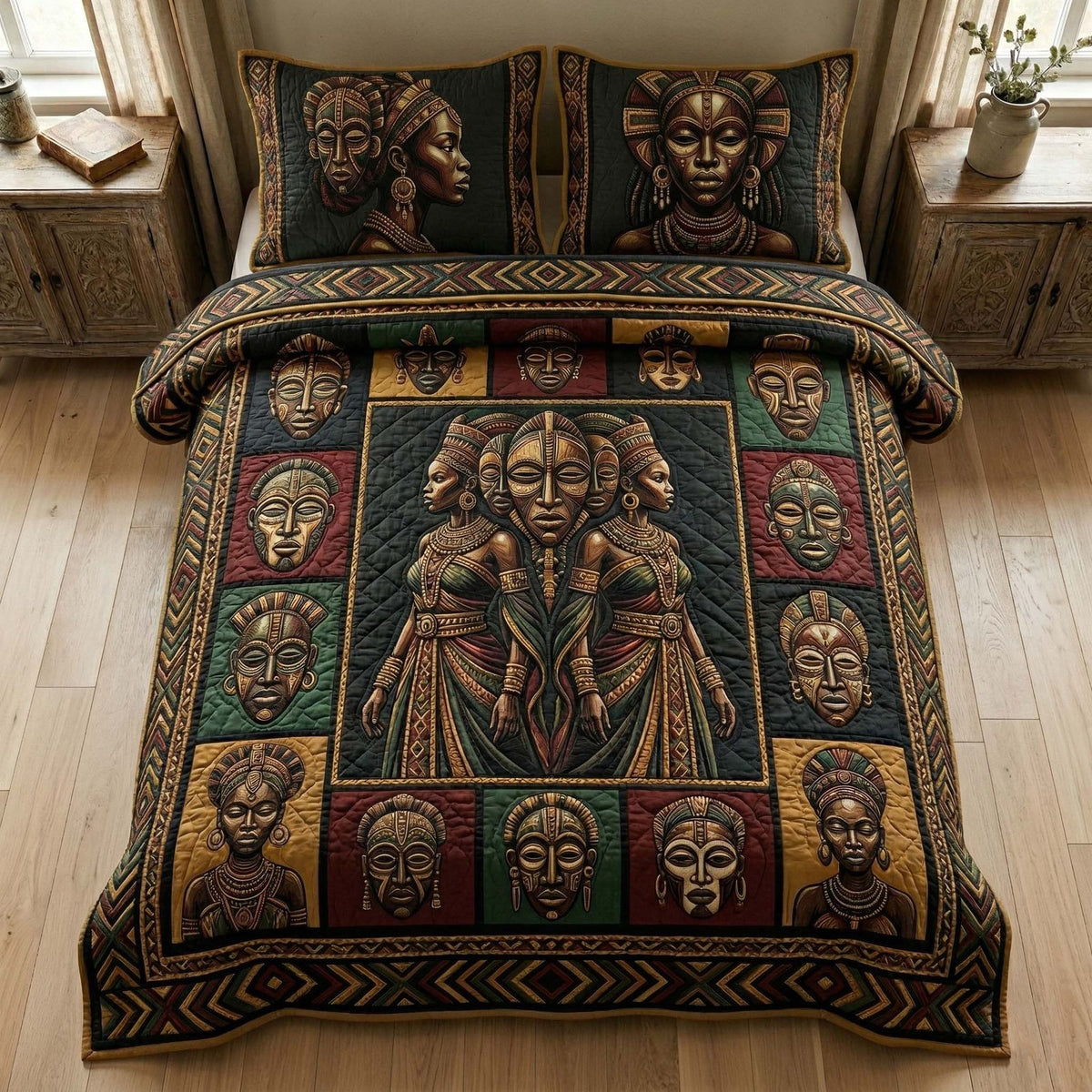 Ancestral Masks quilted 3-piece bedding set on a made bed with two matching pillow shams