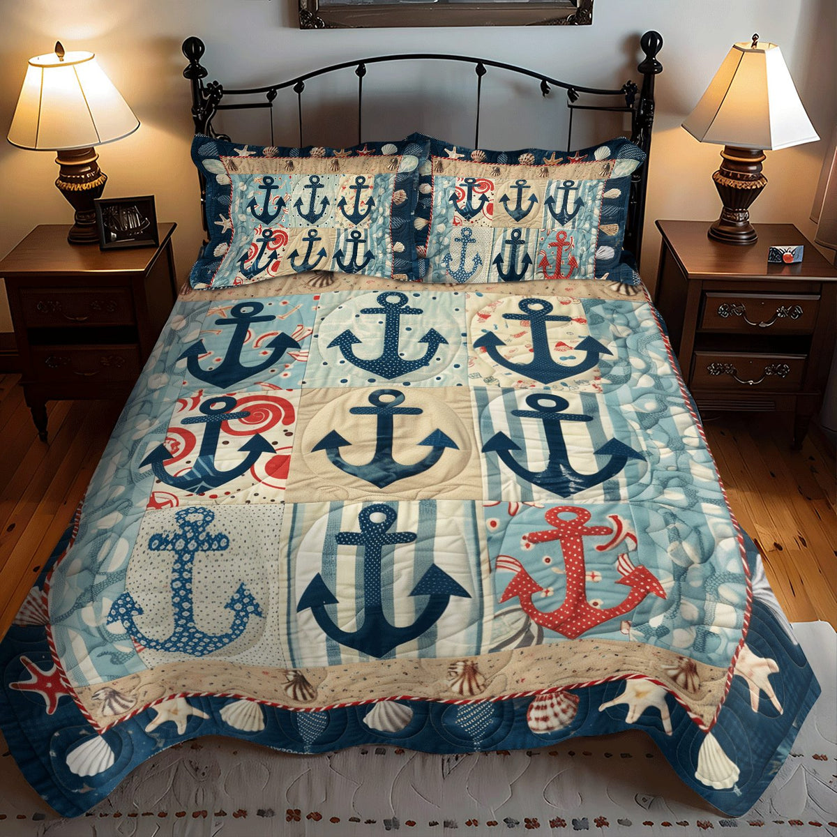 Anchor Bay quilted 3-piece bedding set on a made bed in a light coastal bedroom