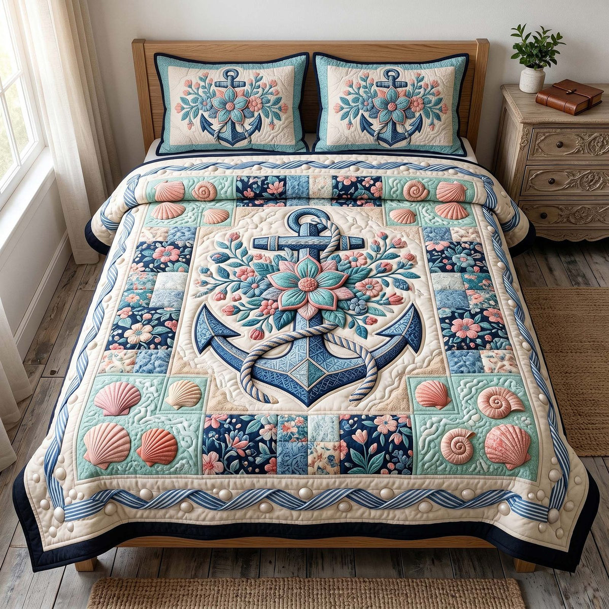 Anchor Breeze quilted 3-piece bedding set on a made bed in a light coastal bedroom