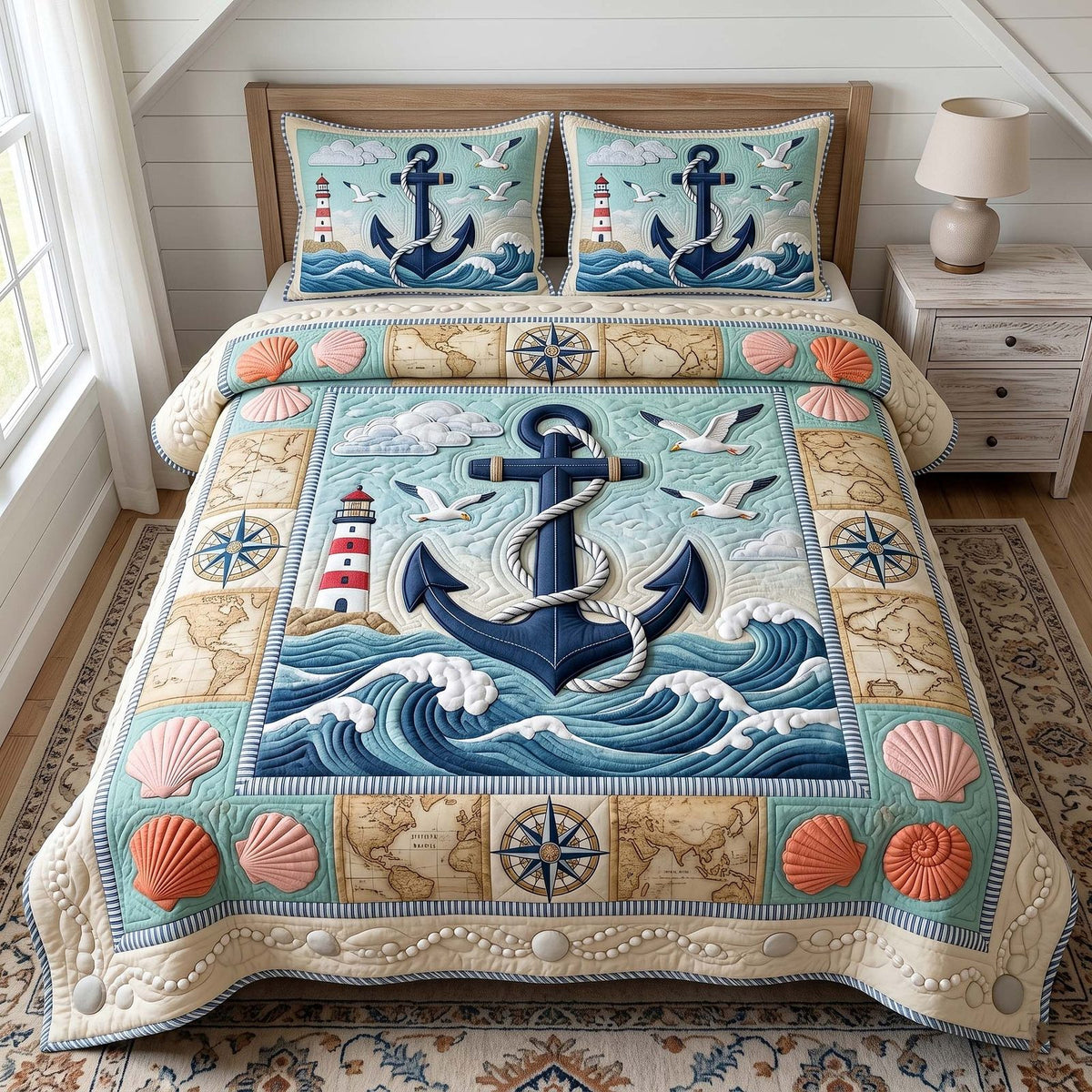 Anchor Breeze quilted 3-piece bedding set on a made bed in a light coastal bedroom