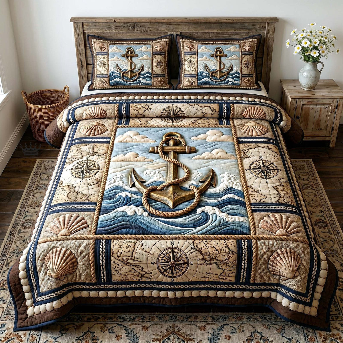 Anchor Breeze quilted 3-piece bedding set on a made bed in a light coastal bedroom