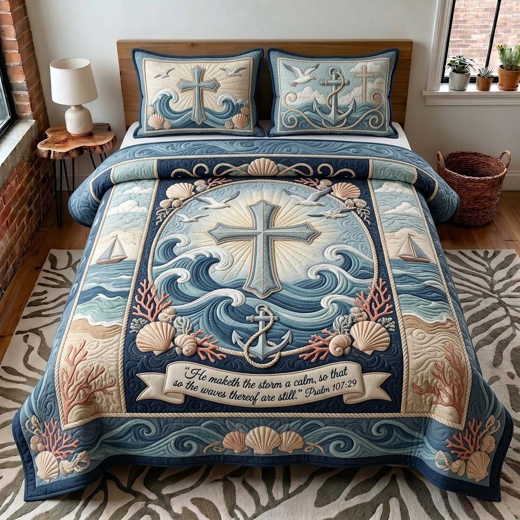 Anchor Cross quilted 3-piece bedding set on a made bed in a softly lit bedroom