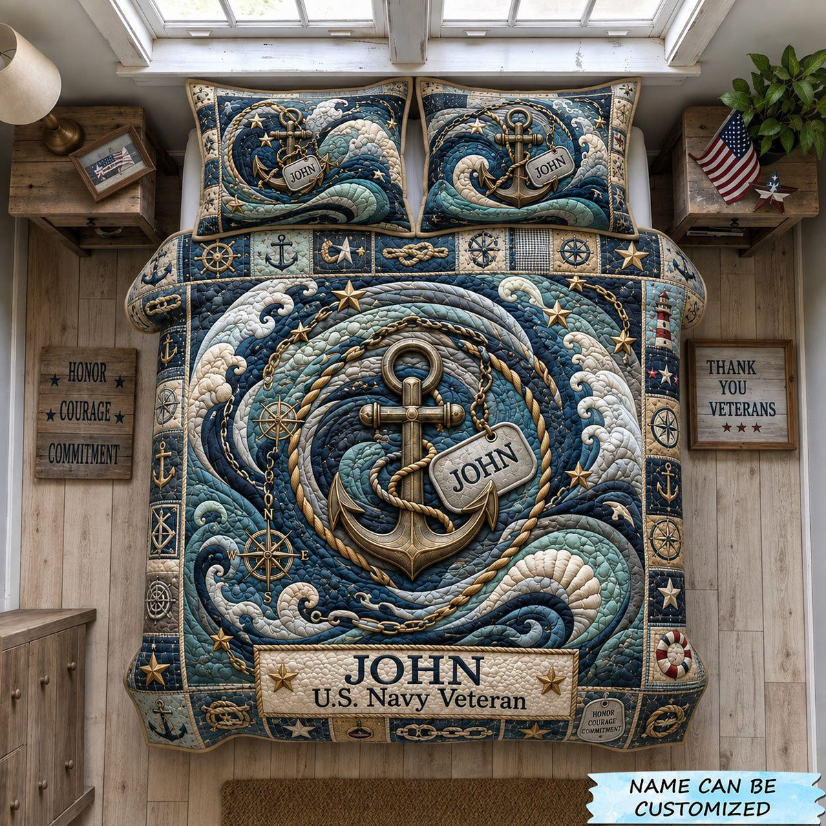 Anchor of Valor quilted 3-piece bedding set on a made bed in a light coastal bedroom
