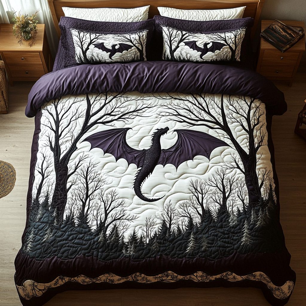 Ancient Dragon quilted 3-piece bedding set on a made bed with two matching pillow shams