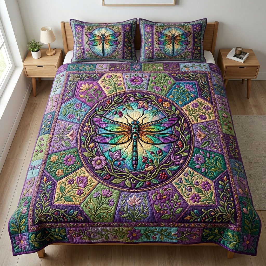 Ancient Dragonfly quilted 3-piece bedding set on a made bed with two matching pillow shams