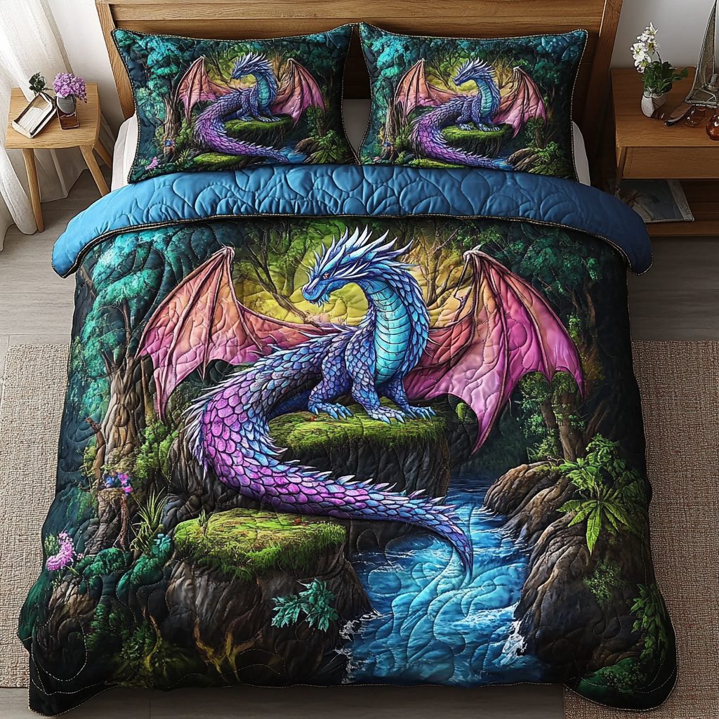 Ancient Guardian quilted 3-piece bedding set on a made bed with two matching pillow shams