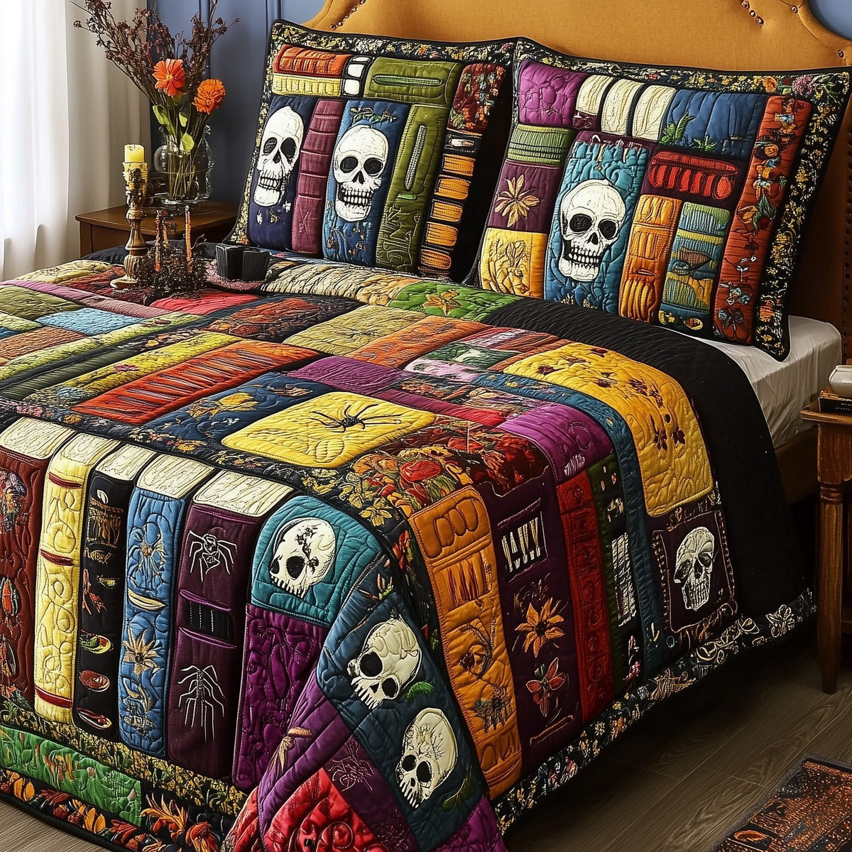 Ancient Library quilted 3-piece bedding set on a made bed with two matching pillow shams