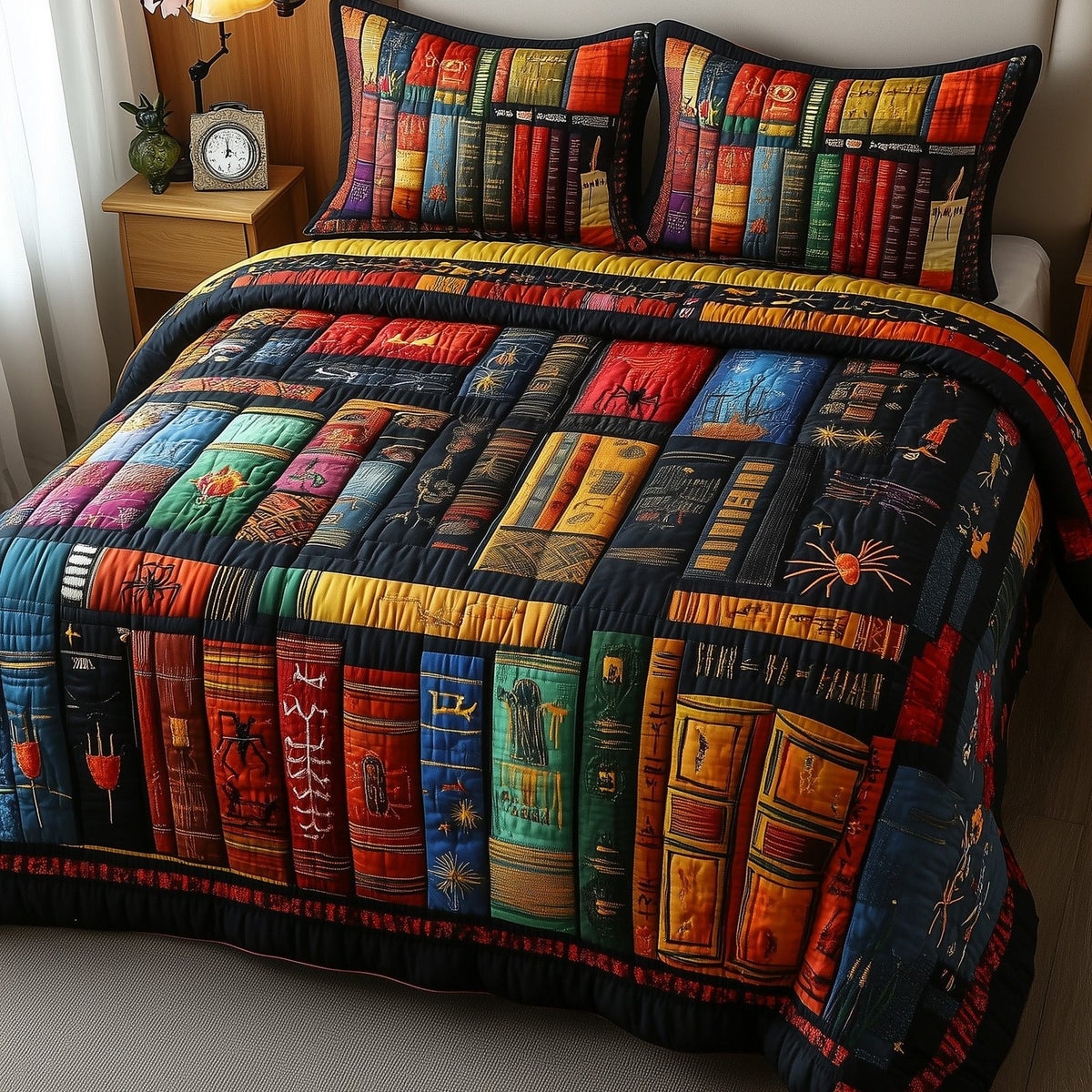 Ancient Library quilted 3-piece bedding set on a made bed with two matching pillow shams