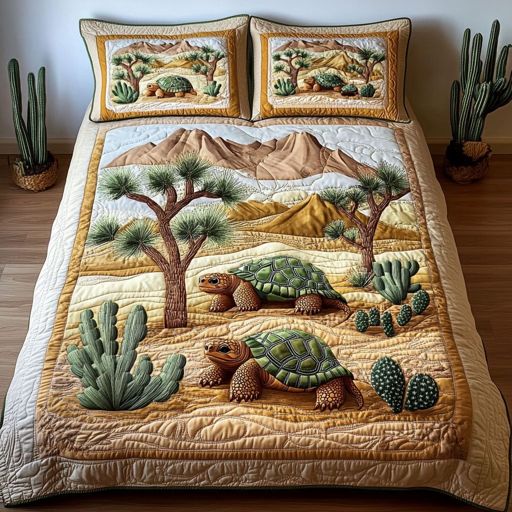 Ancient Wanderer quilted 3-piece bedding set on a made bed with two matching pillow shams