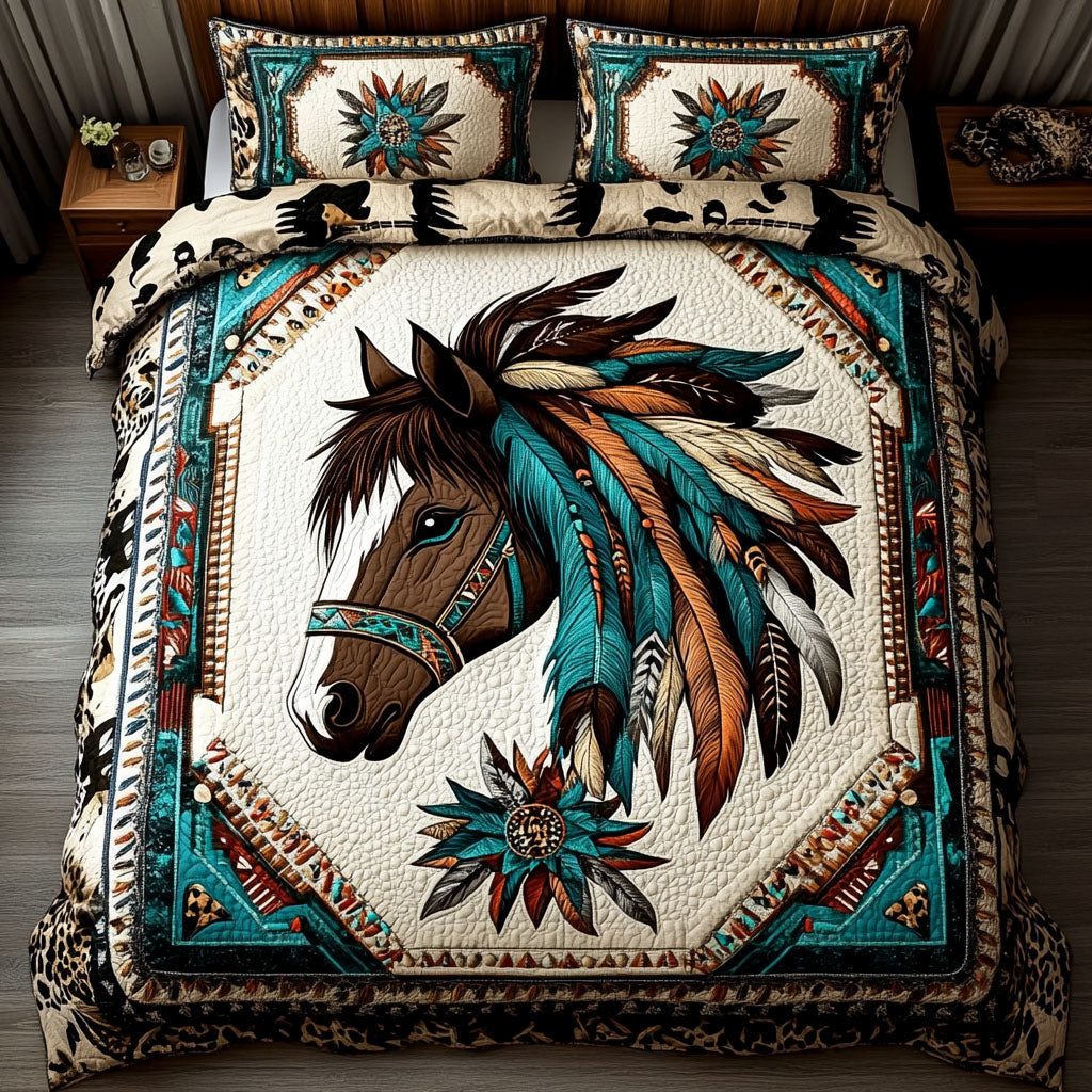 Ancient Weave quilted 3-piece bedding set on a made bed with two matching pillow shams