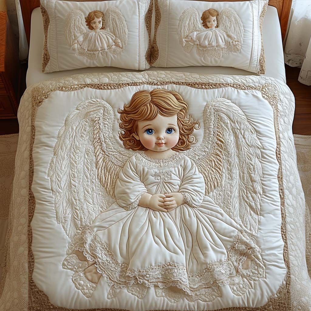 Angelic Grace quilted 3-piece bedding set on a made bed in a softly lit bedroom