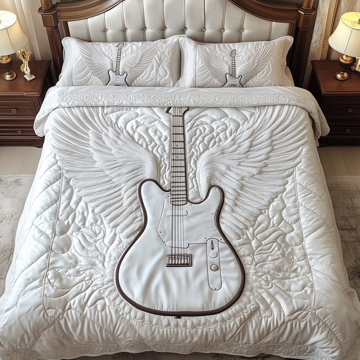 Angle Guitar quilted 3-piece bedding set on a made bed with two matching pillow shams