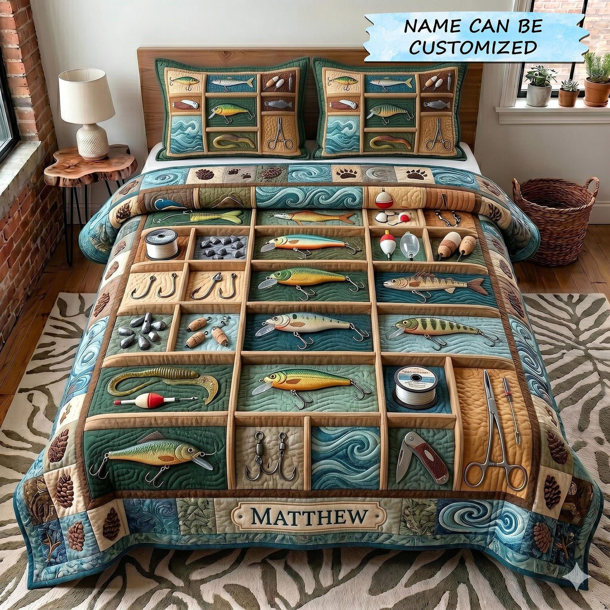 Angler Haven 3-Piece Quilted Bedding Set QTCUZ - Design 1 quilted 3-piece bedding set on a made bed with two matching pillow shams
