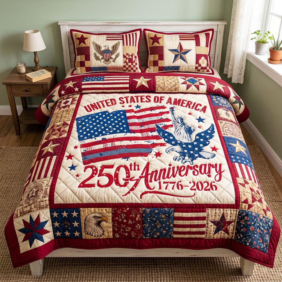Anniversary Glory quilted 3-piece bedding set on a made bed with two matching pillow shams
