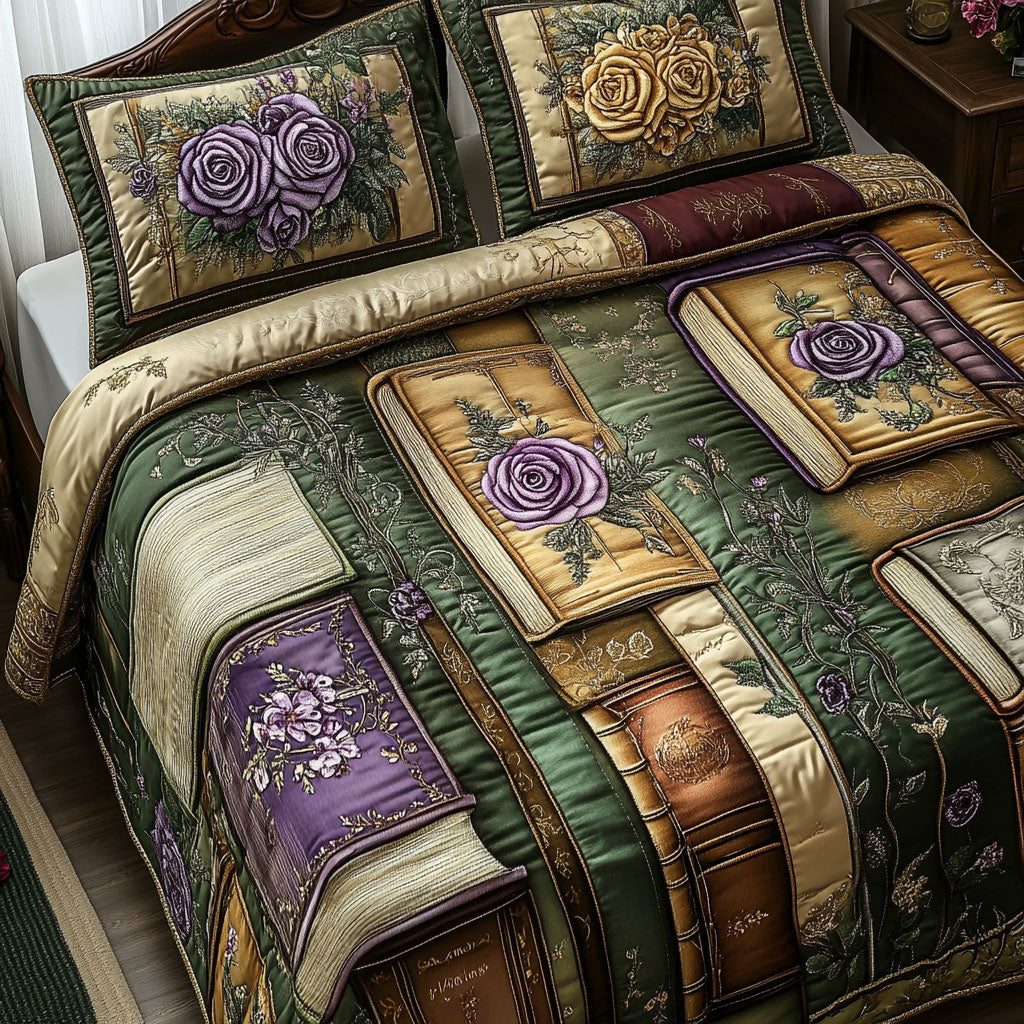 Antique Wisdom quilted 3-piece bedding set on a made bed in a farmhouse bedroom
