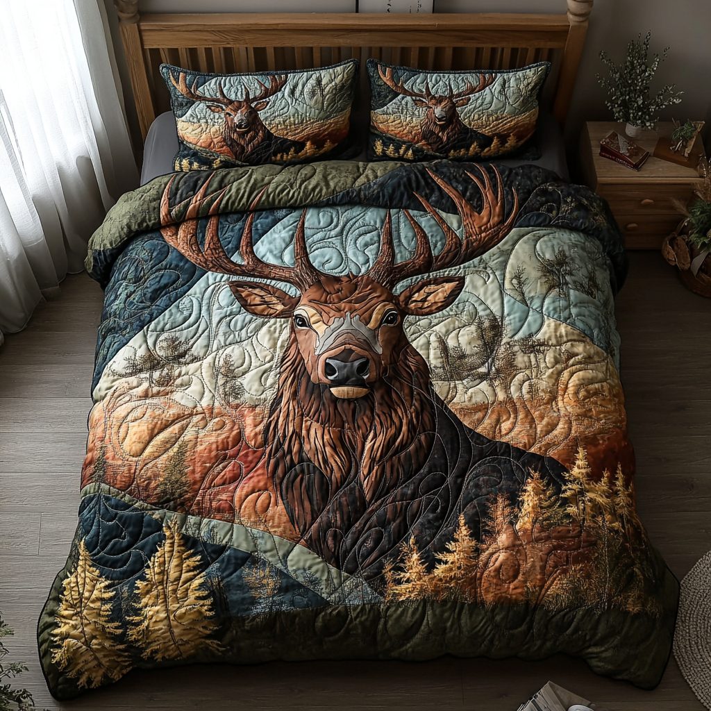 Antler Grace quilted 3-piece bedding set on a made bed with two matching pillow shams
