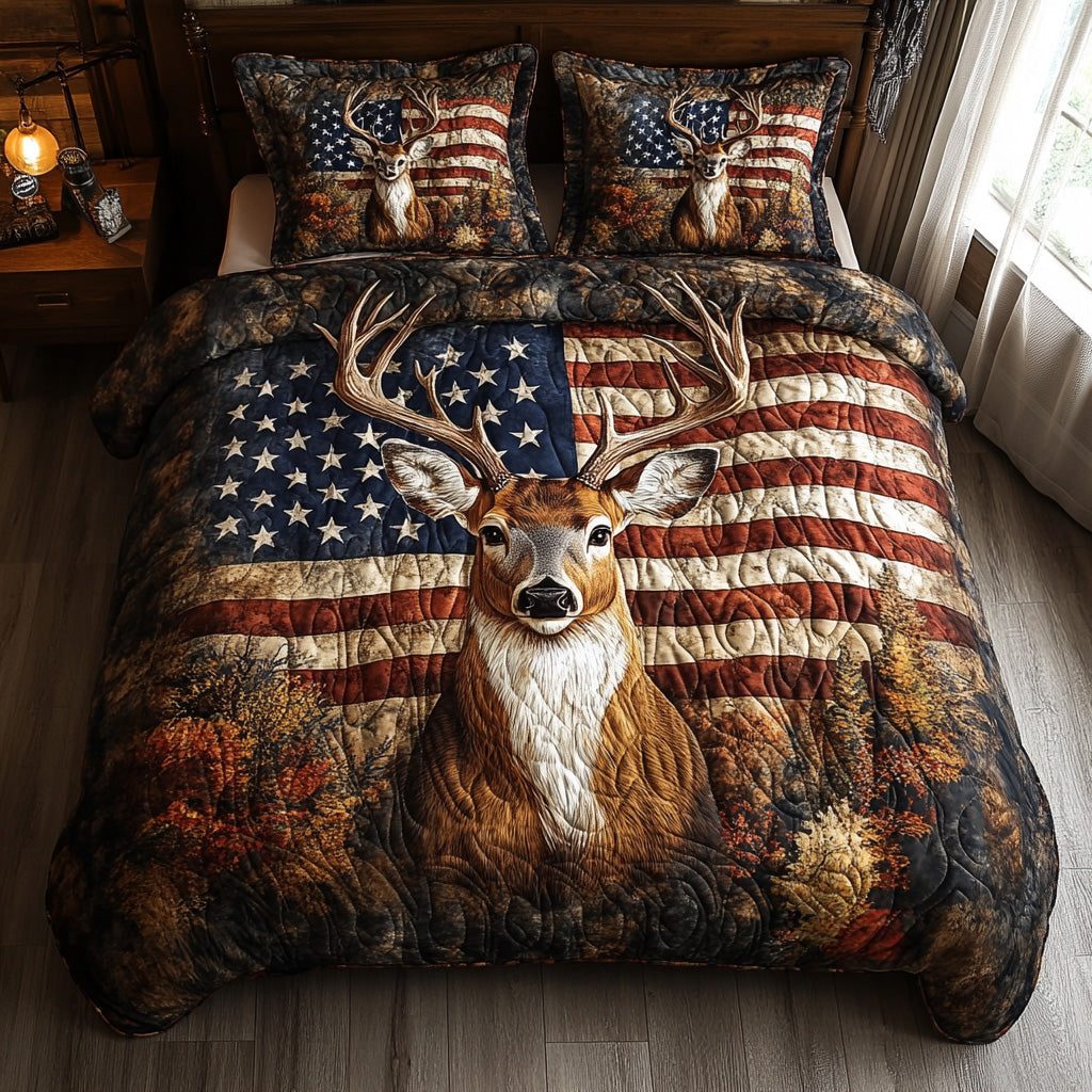 Antler Grove quilted 3-piece bedding set on a made bed with two matching pillow shams