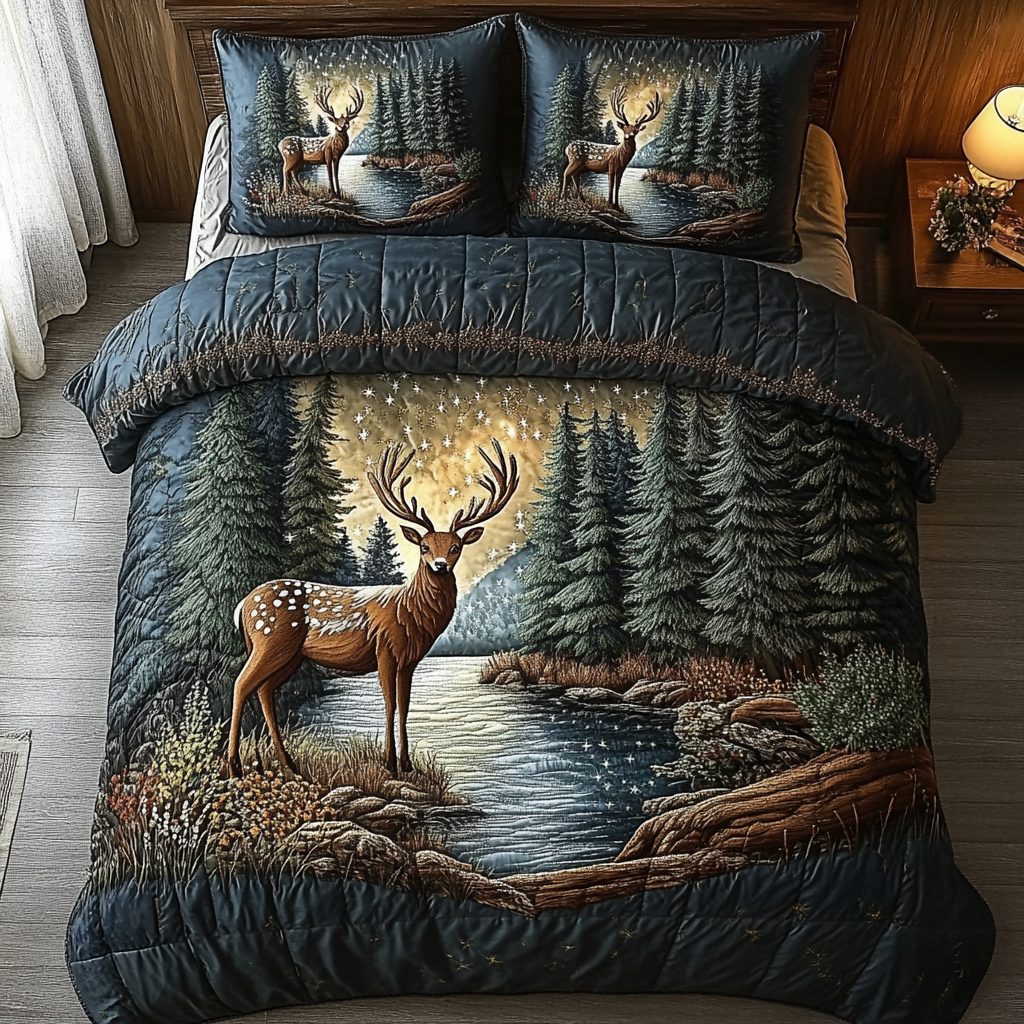 Antler Majesty quilted 3-piece bedding set on a made bed with two matching pillow shams