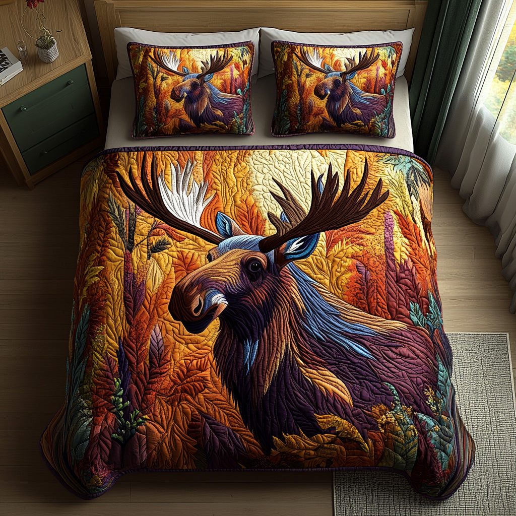 Antler Path quilted 3-piece bedding set on a made bed with two matching pillow shams