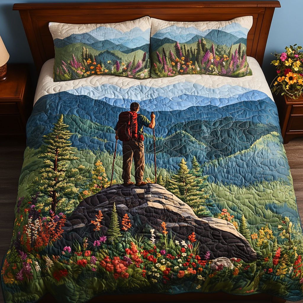 Appalachian Escape quilted 3-piece bedding set on a made bed with two matching pillow shams