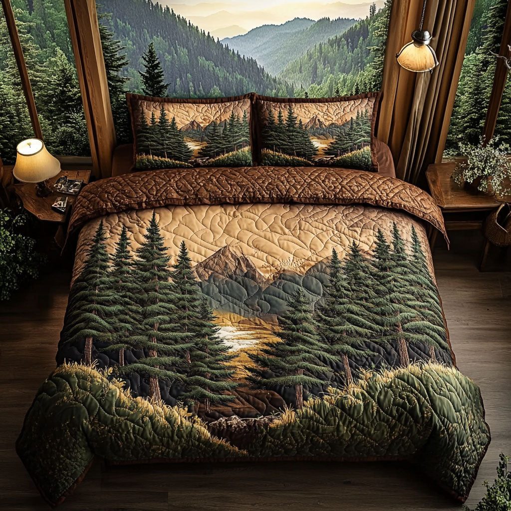 Appalachian Serenity quilted 3-piece bedding set on a made bed with two matching pillow shams