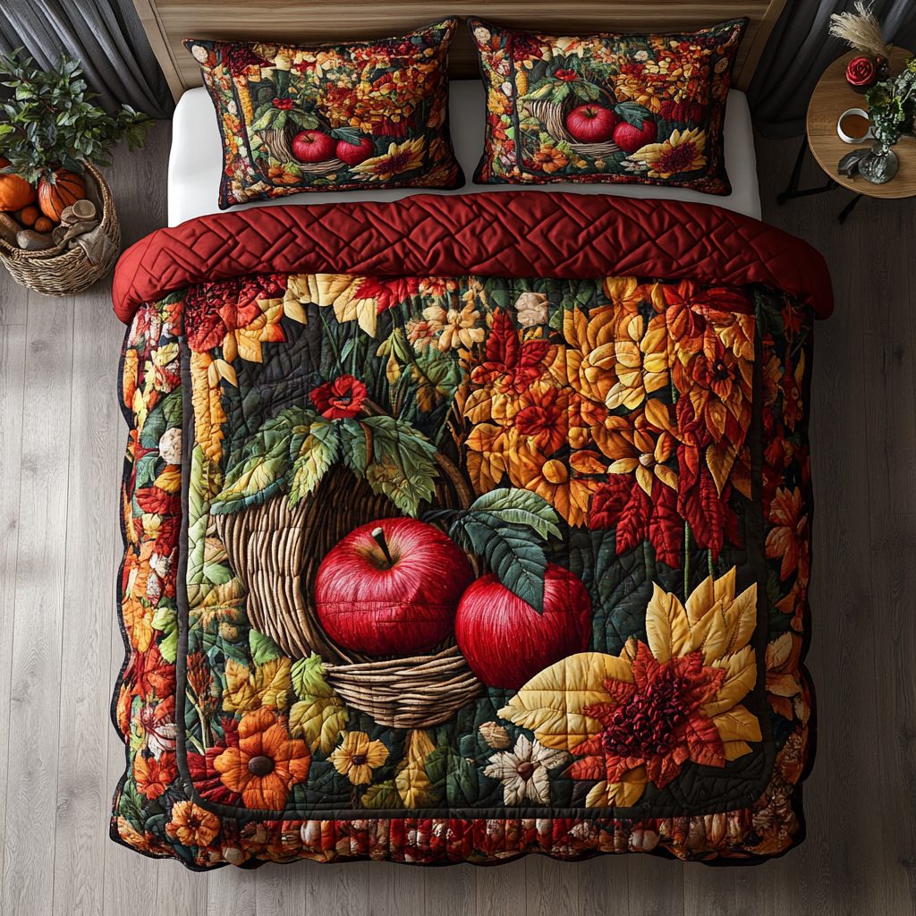 Apple Grove quilted 3-piece bedding set on a made bed with two matching pillow shams