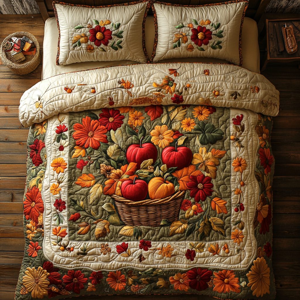 Apple Meadow quilted 3-piece bedding set on a made bed with two matching pillow shams