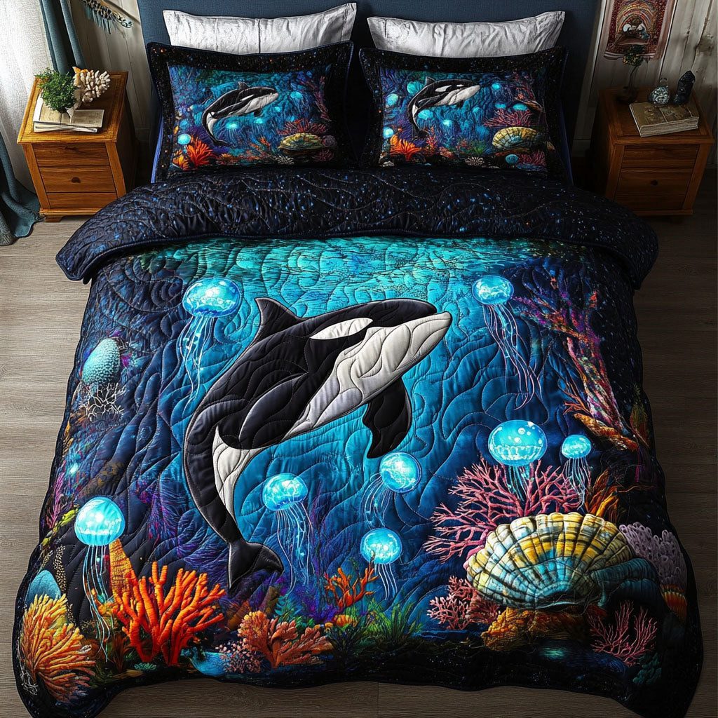 Aqua Ghosts quilted 3-piece bedding set on a made bed against a dark styled interior