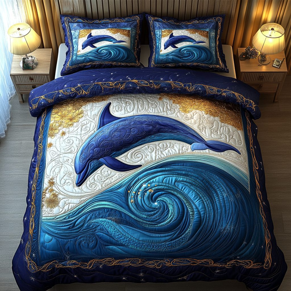 Aqua Glide quilted 3-piece bedding set on a made bed with two matching pillow shams