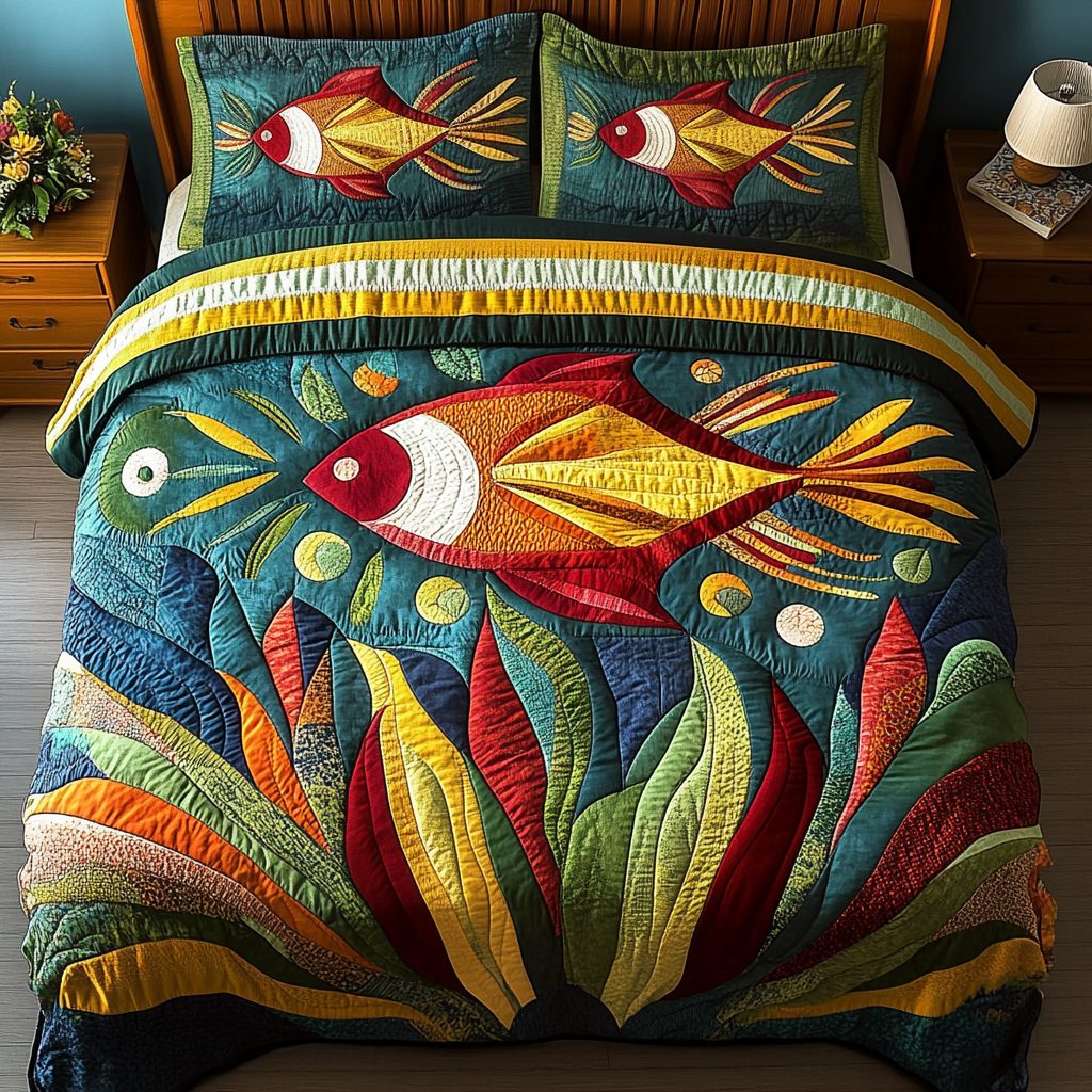 Aqua Glow quilted 3-piece bedding set on a made bed with two matching pillow shams