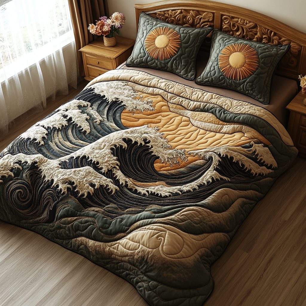Aqua Horizon quilted 3-piece bedding set on a made bed with two matching pillow shams