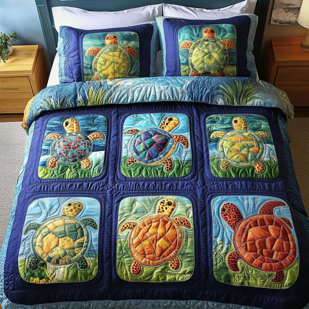Aqua Journey quilted 3-piece bedding set on a made bed with two matching pillow shams