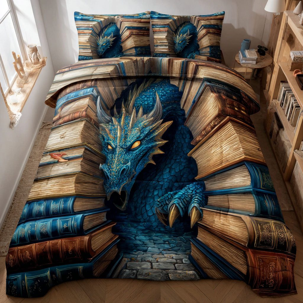 Aqua Lore quilted 3-piece bedding set on a made bed with two matching pillow shams
