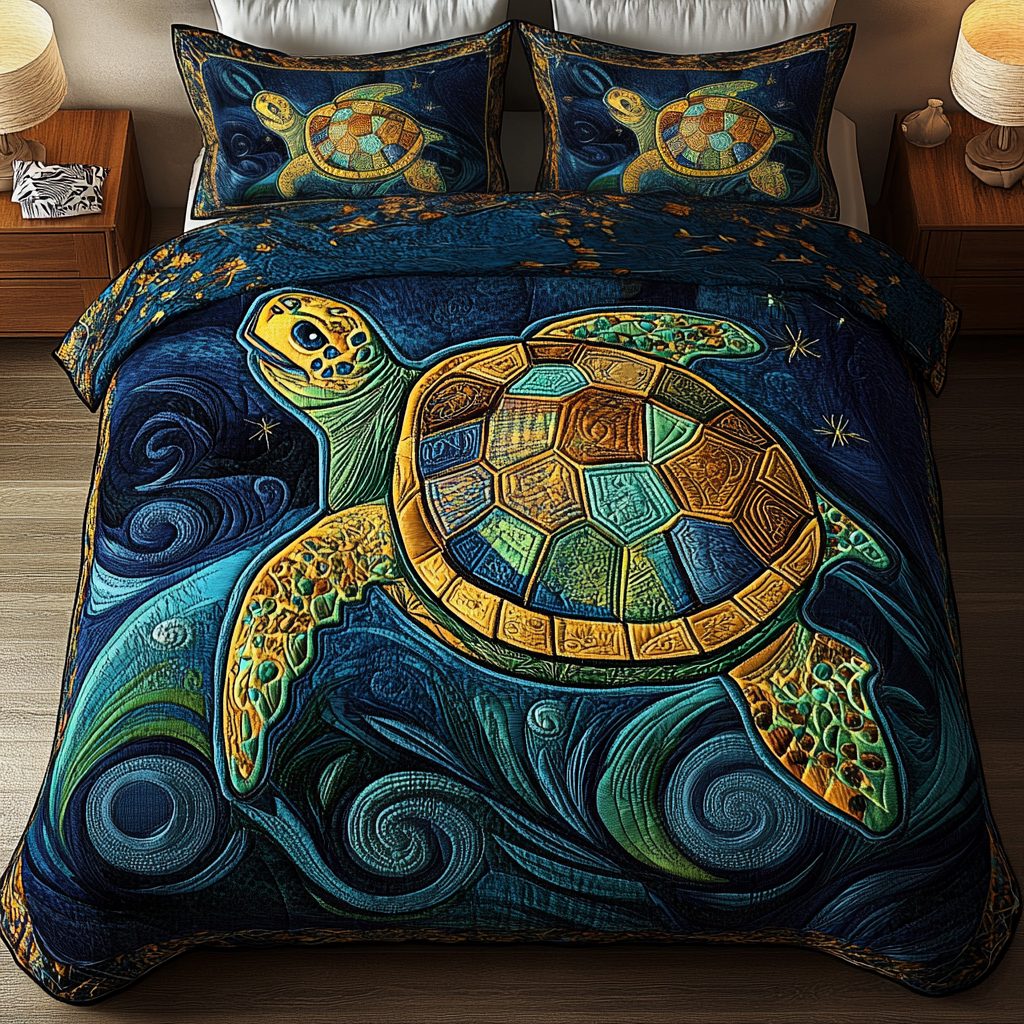 Aqua Mirage quilted 3-piece bedding set on a made bed with two matching pillow shams