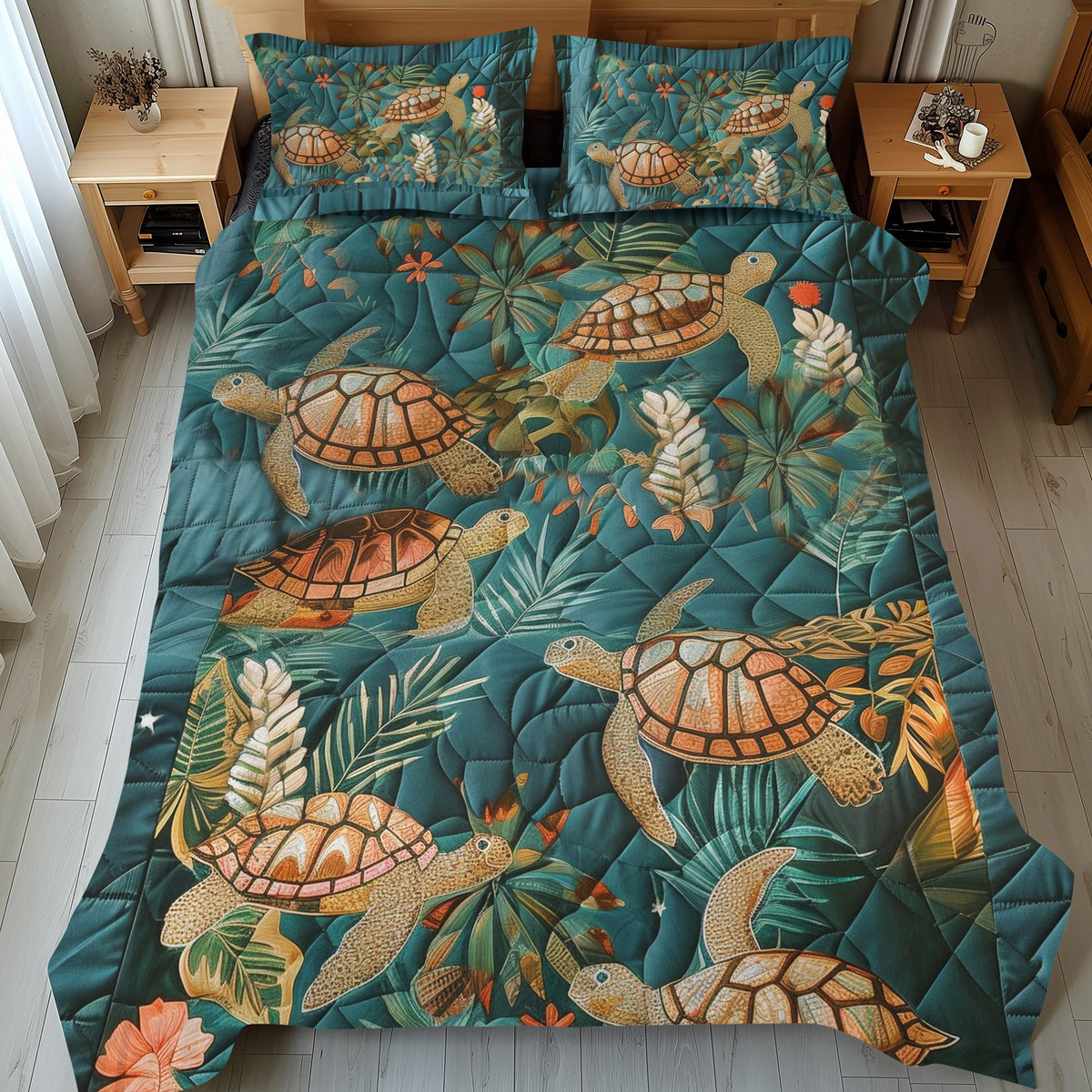 Aqua Oasis quilted 3-piece bedding set on a made bed with two matching pillow shams