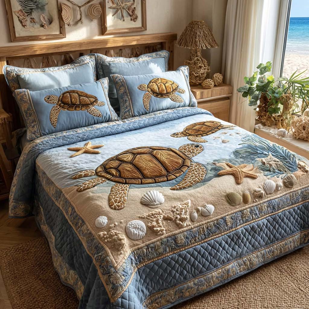 Aqua Serenity quilted 3-piece bedding set on a made bed with two matching pillow shams