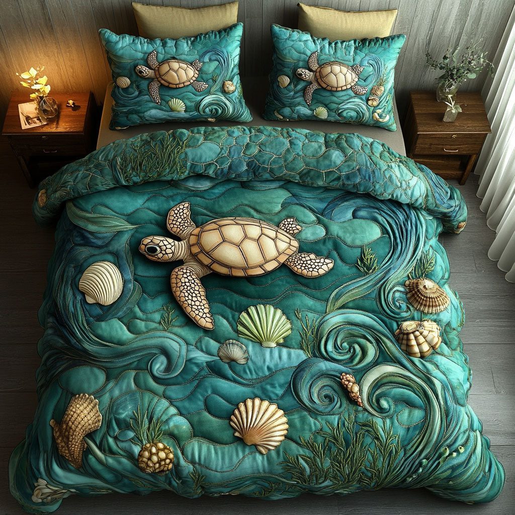 Aqua Turtle Trail quilted 3-piece bedding set on a made bed in a light coastal bedroom