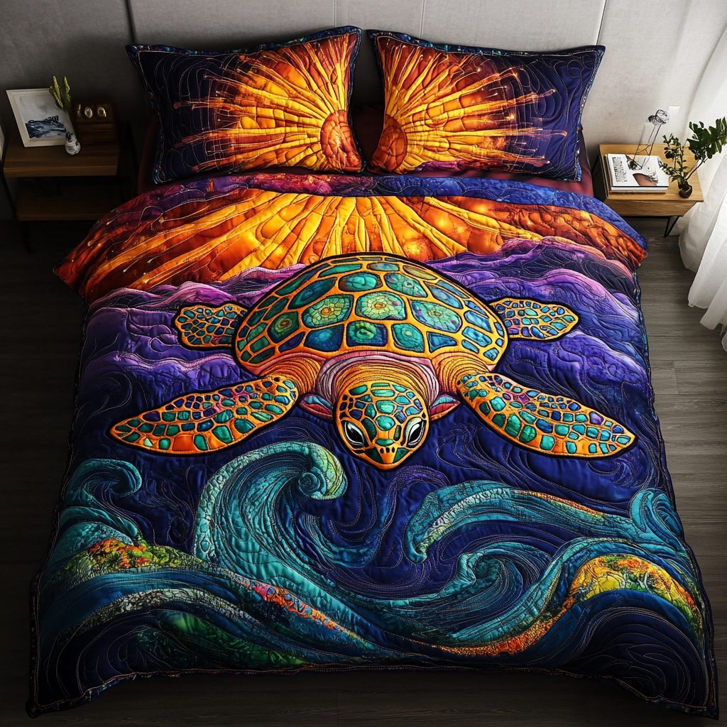 Aquatic Harmony quilted 3-piece bedding set on a made bed with two matching pillow shams
