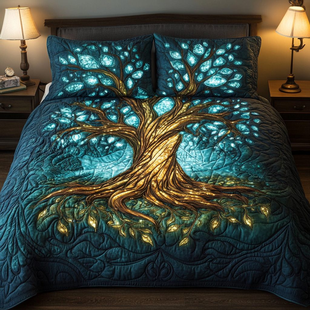 Arbor Harmony quilted 3-piece bedding set on a made bed with two matching pillow shams