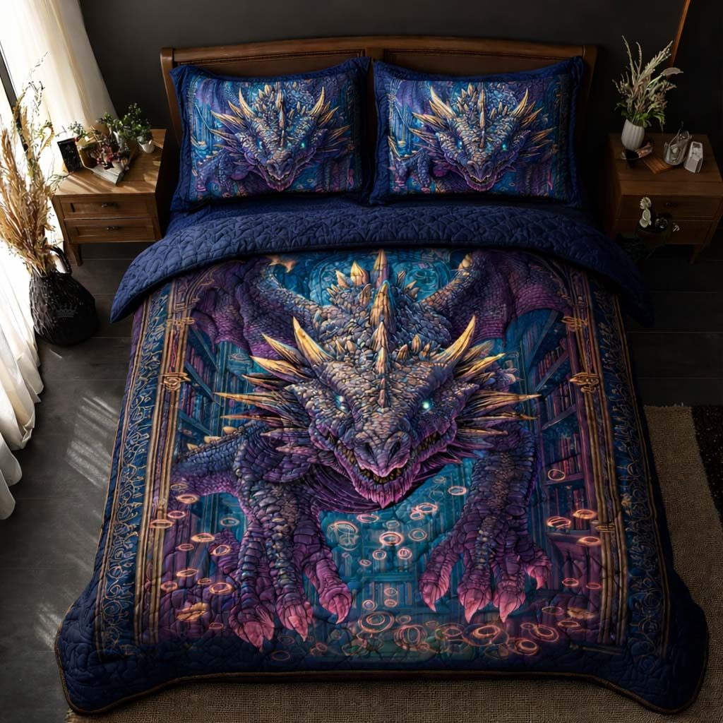 Arcane Dragon quilted 3-piece bedding set on a made bed with two matching pillow shams